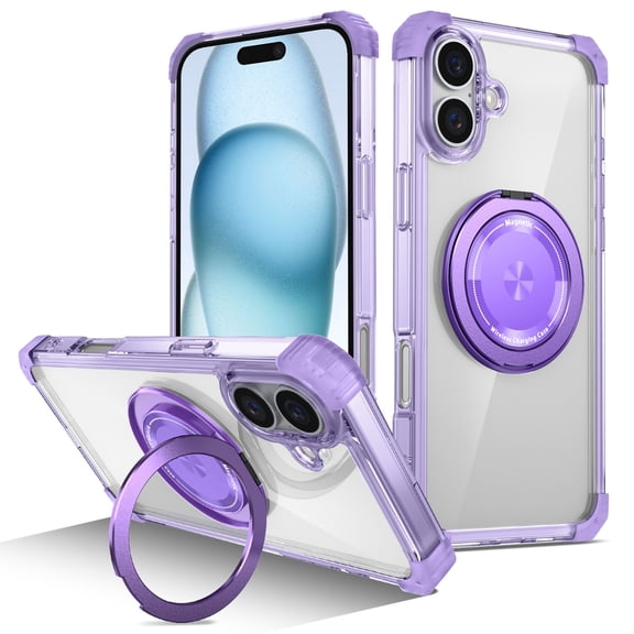 Vivid Hybrid MagSafe Case with Rotating Ring Stand for iPhone 16 - Purple