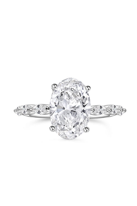 14K White Gold Plated Ring - 2 Ct Oval Excellent Cut Moissanite Ring - Solitaire with Accents Wedding Rings - Personalized Gifts for Sister - Stacking Rings for Her - Classic Rings