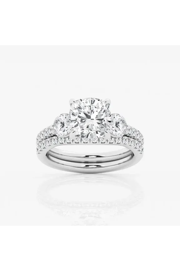 14K White Gold Plated Rings - 2 Ct Cushion Cut Excellent Moissanite Rings - 3 Stone Solitaire with Accents Bridal Set Rings - Personalized Gifts for Wife