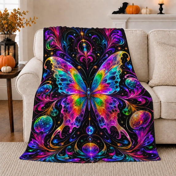 Vivid Neon Butterfly Flannel Blanket with Rainbow Wings Planets Stars Scrollwork Black Cosmic Fantasy Art, Boho Sofa Bedroom Reading Nook Home Decor, Spiritual Gift