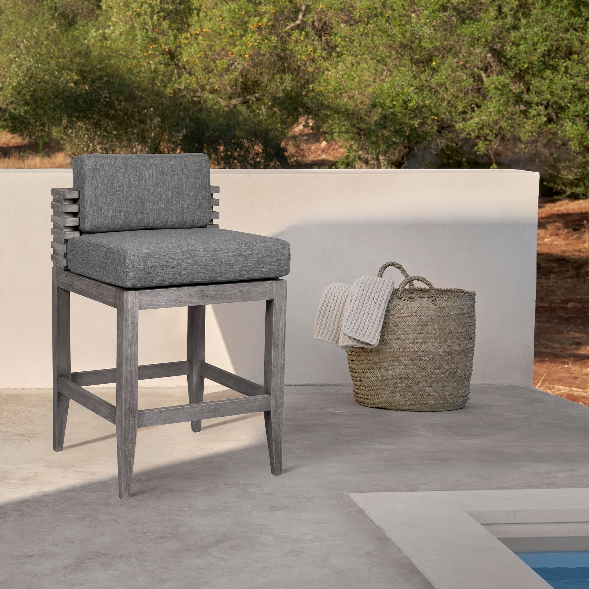Vivid Outdoor Patio Bar Stool in Gray Eucalyptus Wood with Gray Olefin Cushions - Set of 2