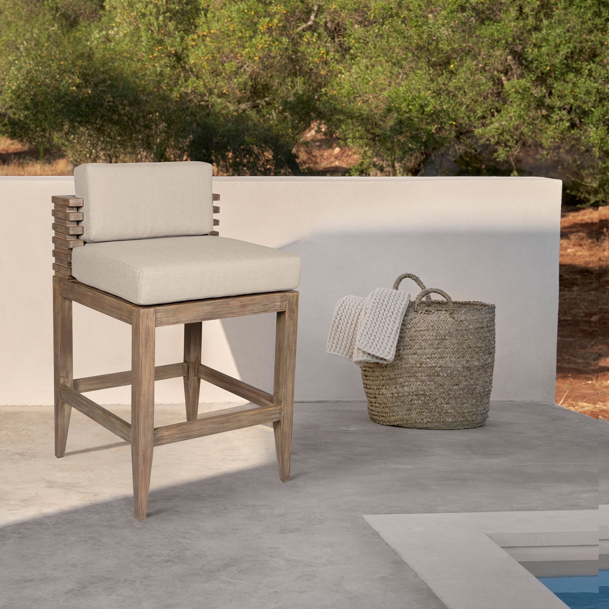 Vivid Outdoor Patio Counter Stool in Light Eucalyptus Wood with Taupe Olefin Cushions - Set of 4