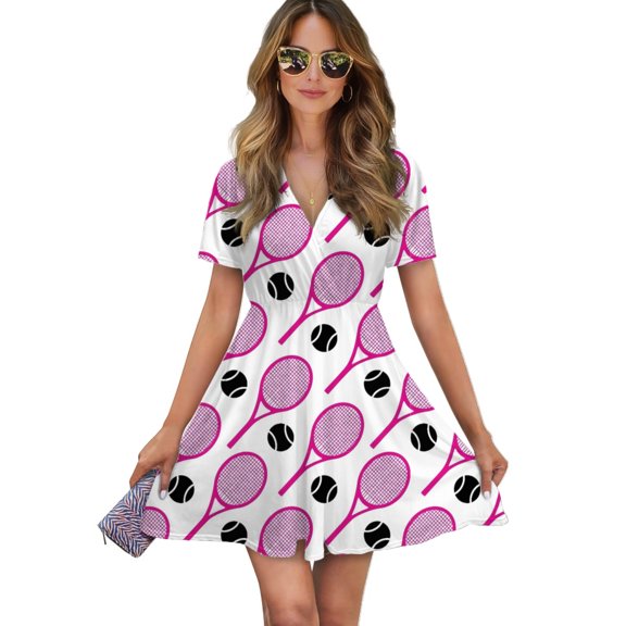 Vivid Pink Tennis Rackets Pattern Women Dress V-Neck Short Sleeve Flowy Swing Party Midi Dress