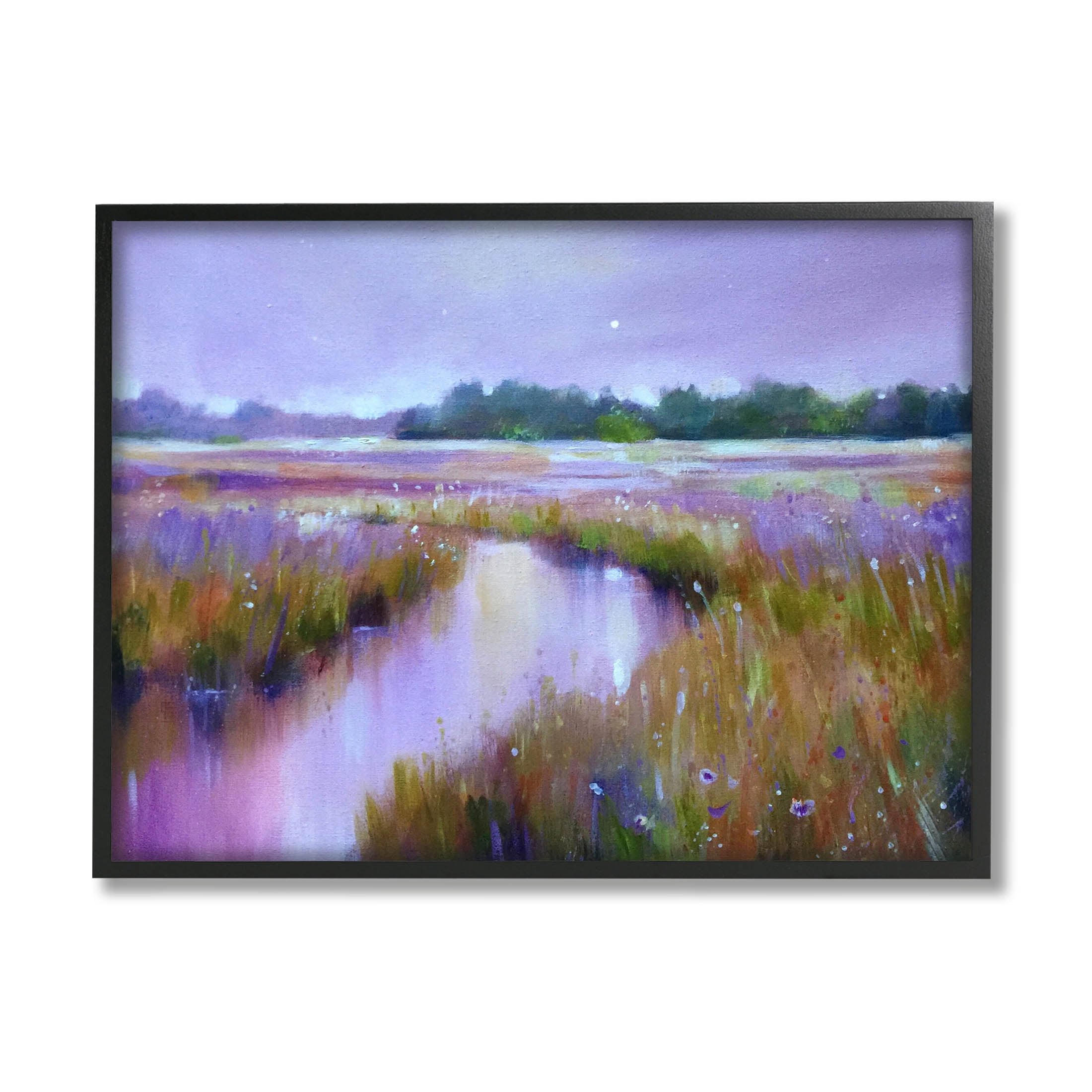 Vivid Purple Dusk Rural Stream Landscape Painting Black Framed Art Print Wall Art