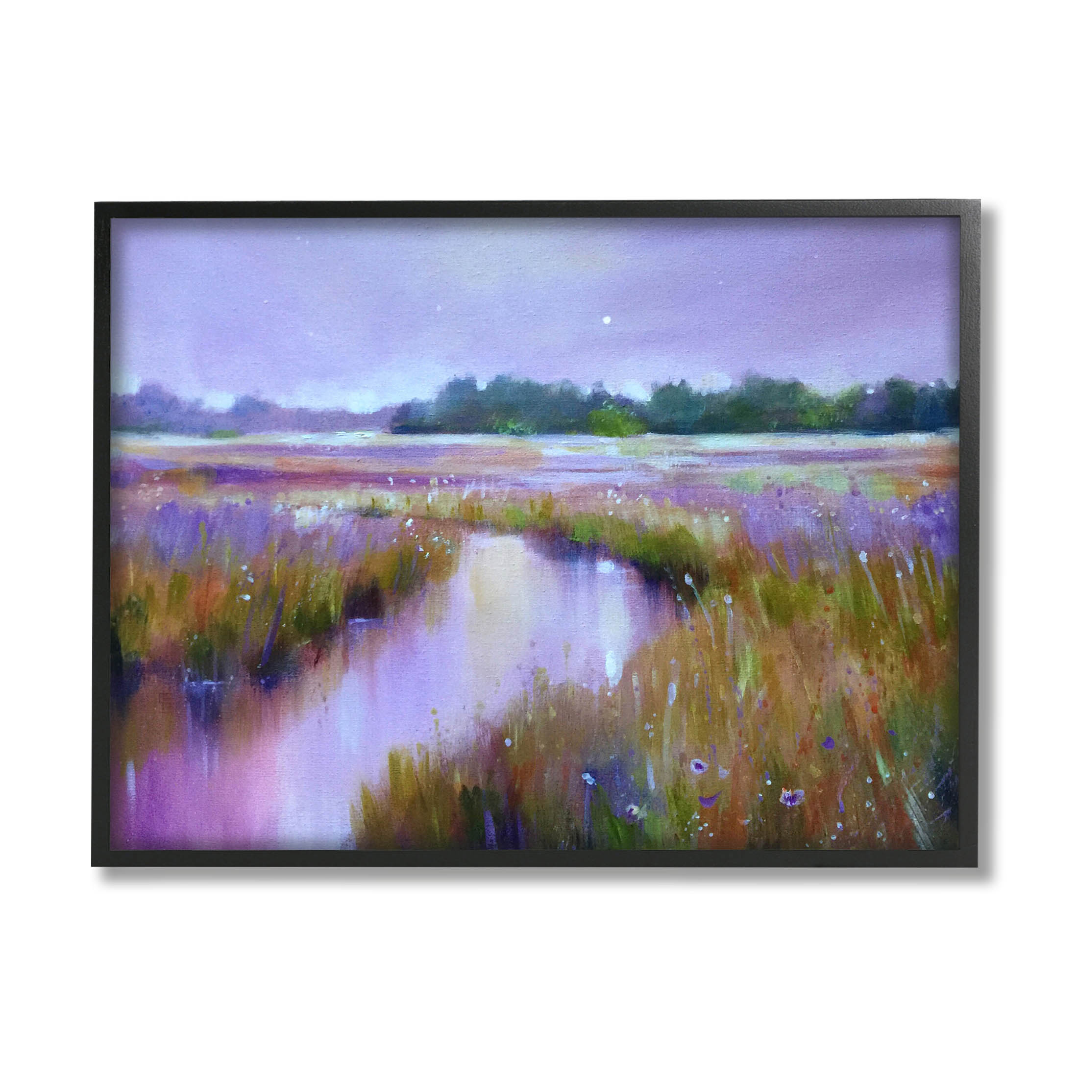 Vivid Purple Dusk Rural Stream Landscape Painting Black Framed Art Print Wall Art