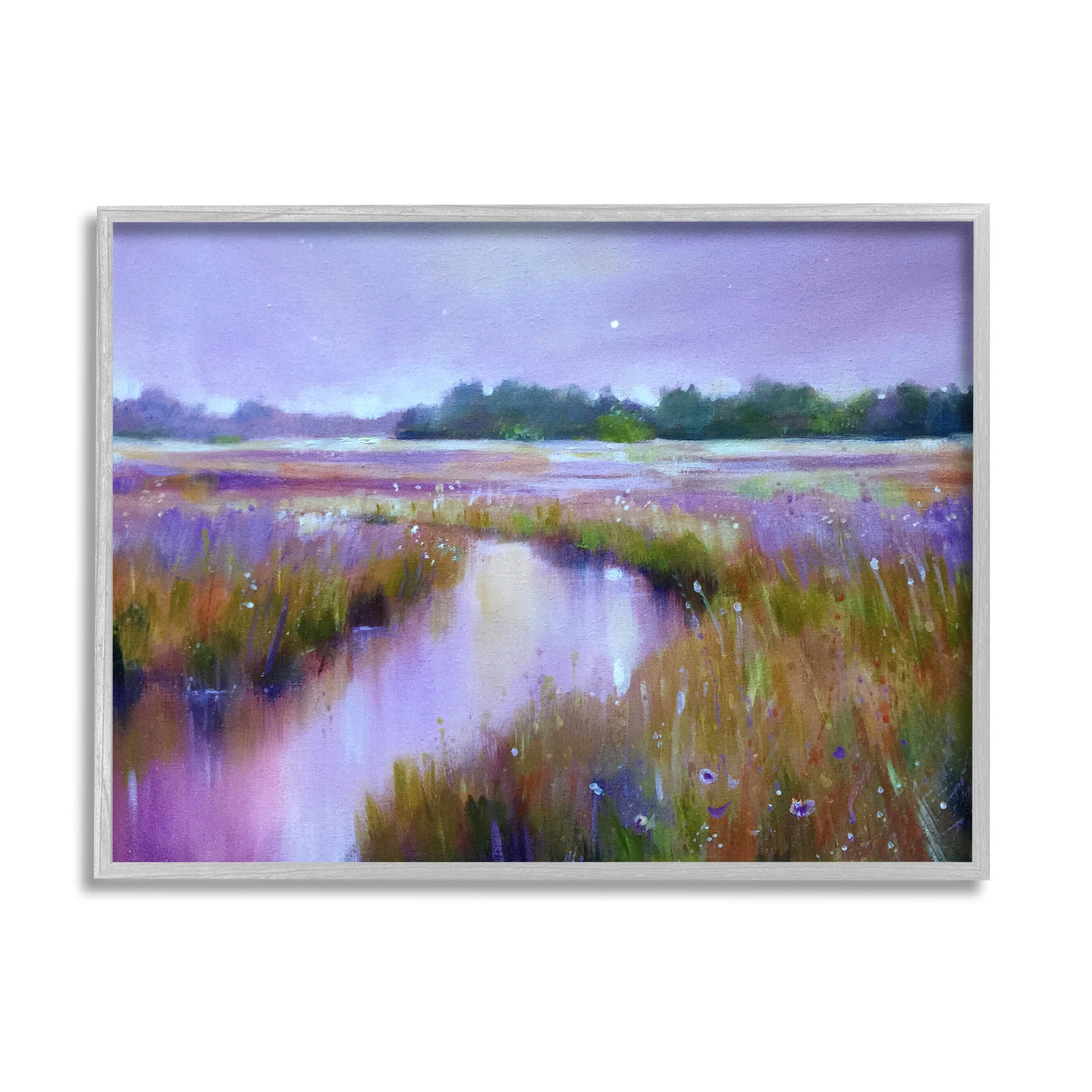 Vivid Purple Dusk Rural Stream Landscape Painting Gray Framed Art Print Wall Art
