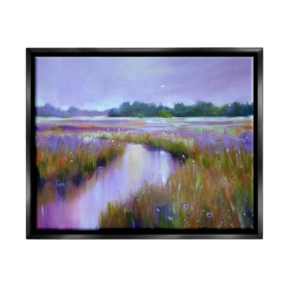 Vivid Purple Dusk Rural Stream Landscape Painting Jet Black Framed Art Print Wall Art