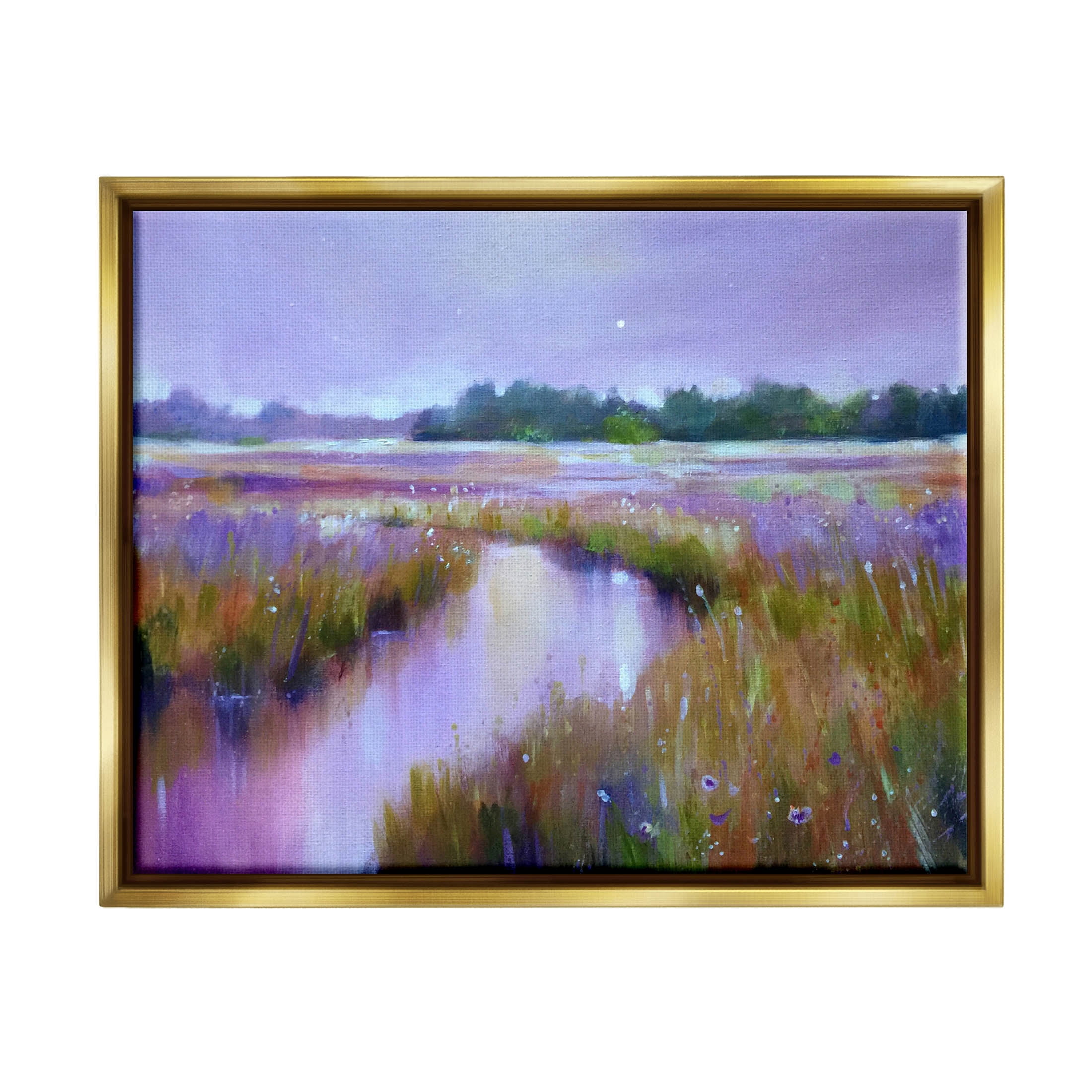 Vivid Purple Dusk Rural Stream Landscape Painting Metallic Gold Framed Art Print Wall Art