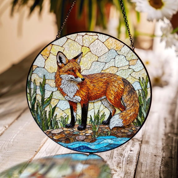 Vivid Red Fox in Forest Glass Suncatcher, Woodland Animal Decor, 6.3 in