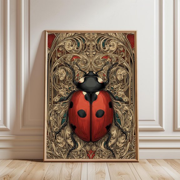 Vivid Red Ladybug Baroque Gold Pattern Botanical Illustration Print, Unframed Paper Print
