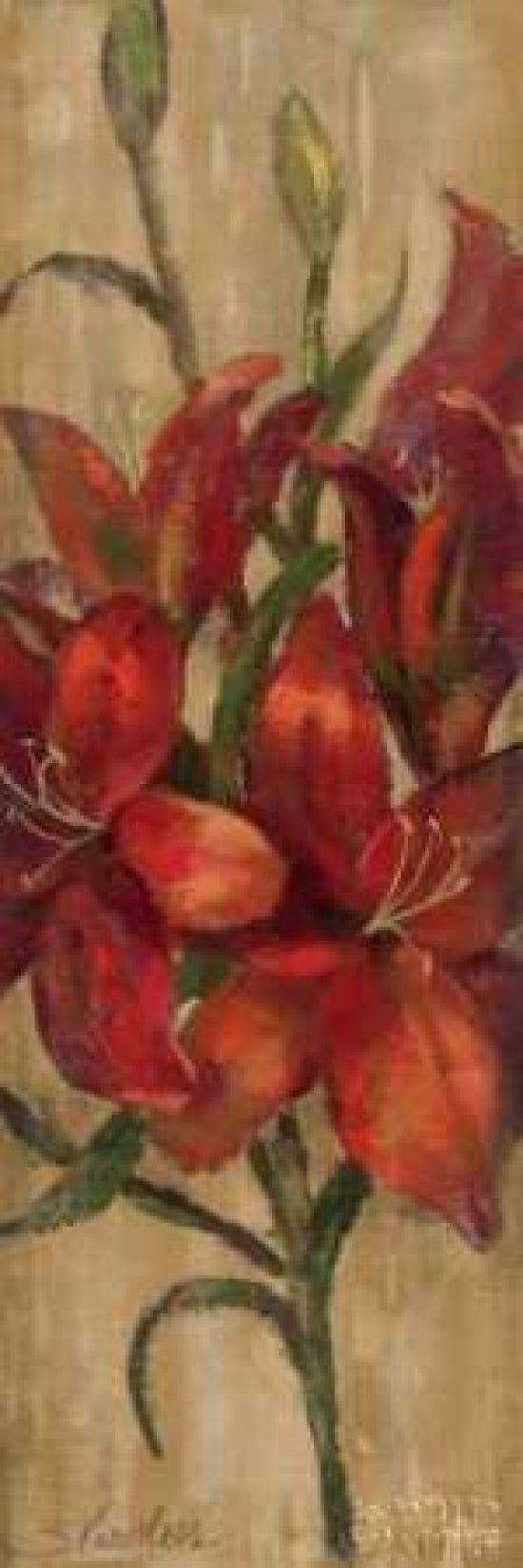 Vivid Red Lily on Gold Canvas Art - Silvia Vassileva (12 x 36)