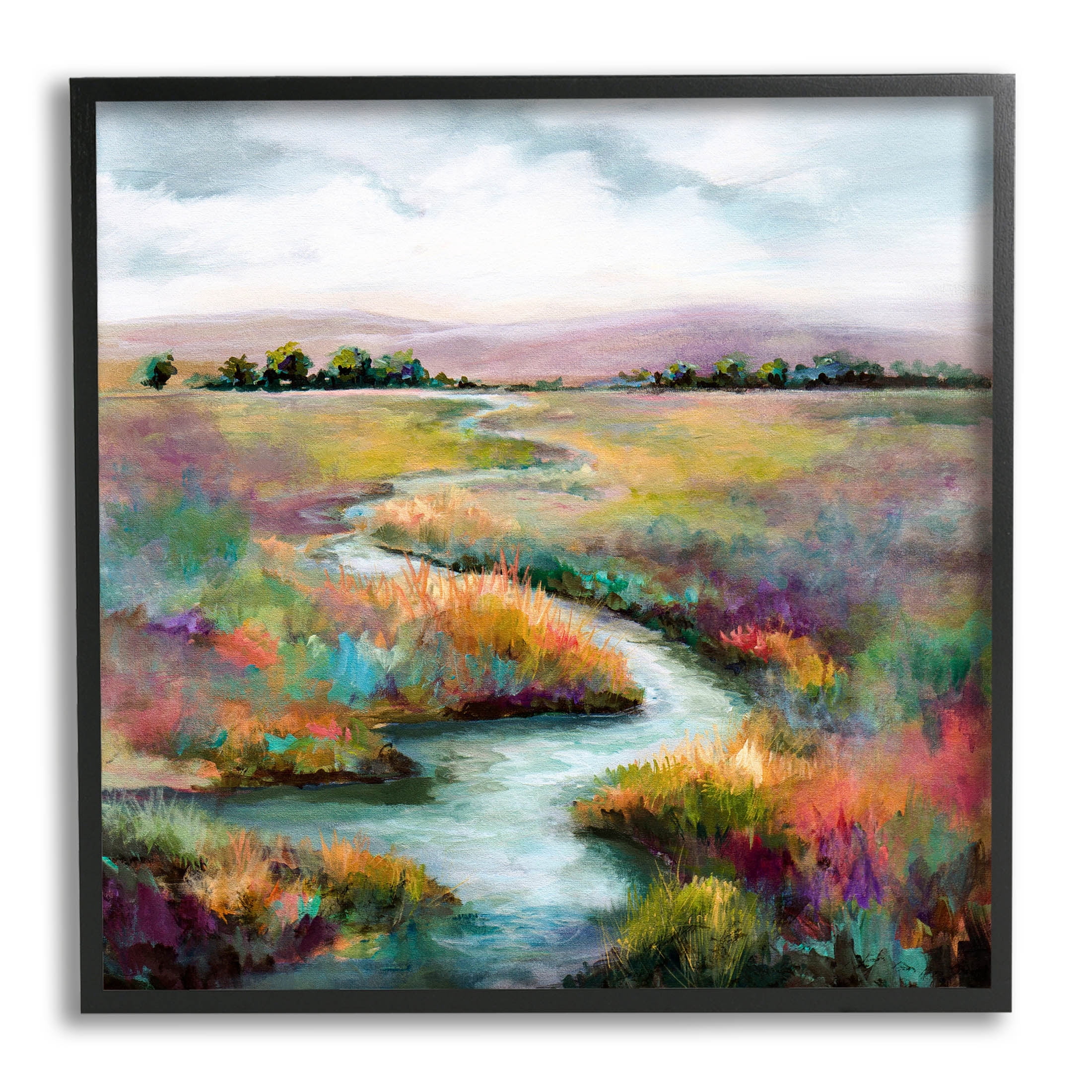 Vivid River Flowing Rural Vegetation Landscape Painting Black Framed Art Print Wall Art