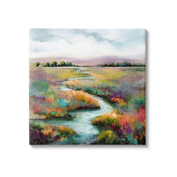 Vivid River Flowing Rural Vegetation Landscape Painting Gallery Wrapped Canvas Print Wall Art