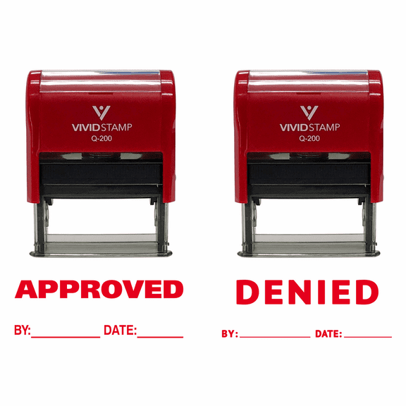 Vivid Stamp Approved / Denied By Date Rubber Stamp - 2 Pack (Red Ink) Medium