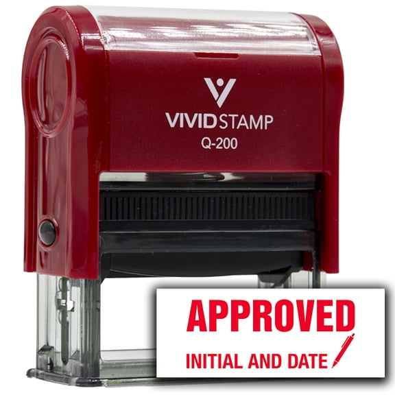Vivid Stamp Approved Initial and Date (Pen Pointing Down) Self Inking Rubber Stamp (Red Ink) - Q-200