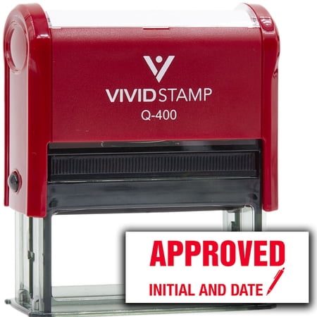 Vivid Stamp Approved Initial and Date (Pen Pointing Down) Self Inking Rubber Stamp (Red Ink) - Q-400