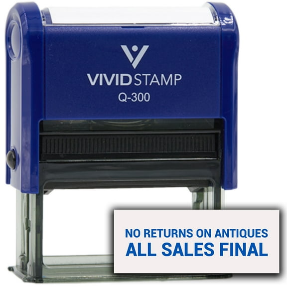 Vivid Stamp No Returns On Antiques All Sales Final Self Inking Rubber Stamp (Blue Ink) - Q-300