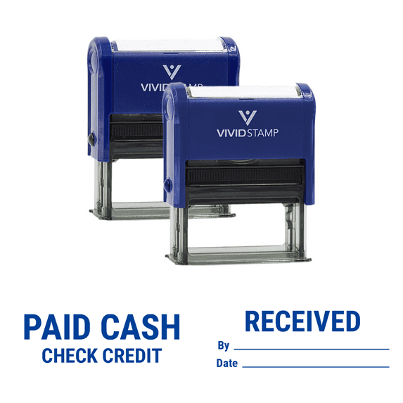Vivid Stamp Paid Cash Check Credit and Received By Date Self-Inking Rubber Stamps (2 Pack) (Blue Ink) - Q-200