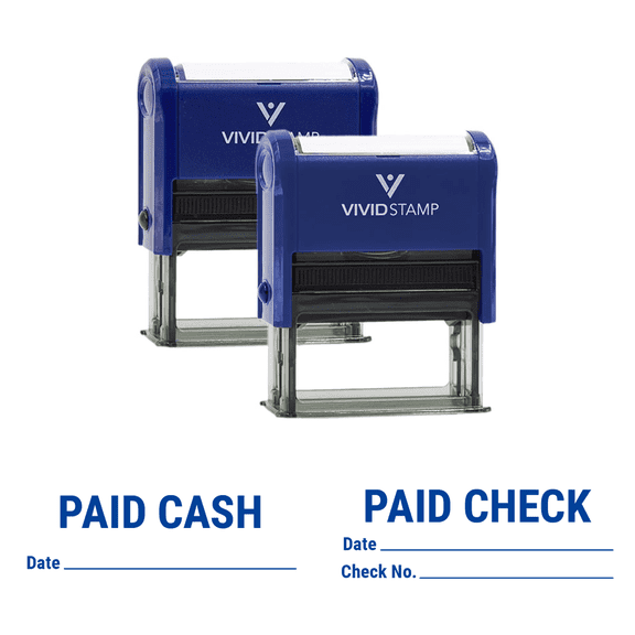 Vivid Stamp Paid Cash with Date Line and Paid Check w/Date CK# Line Self-Inking Rubber Stamps (2 Pack) (Blue Ink) - Q-200