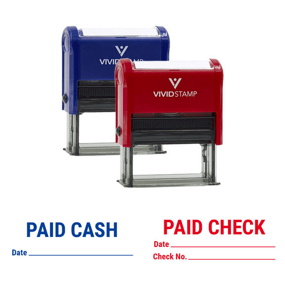Vivid Stamp Paid Cash with Date Line and Paid Check w/Date CK# Line Self-Inking Rubber Stamps (2 Pack) (Blue - Red Ink) - Q-400