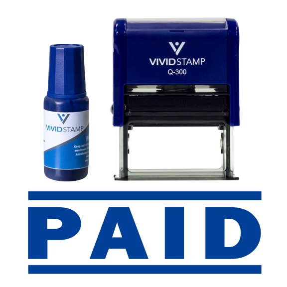 Vivid Stamp Paid Self Inking Rubber Stamp Combo With Refill (Blue Ink) - Large