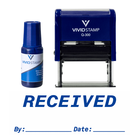 Vivid Stamp Received By Date Self Inking Rubber Stamp Combo With Refill (Blue Ink) - Large