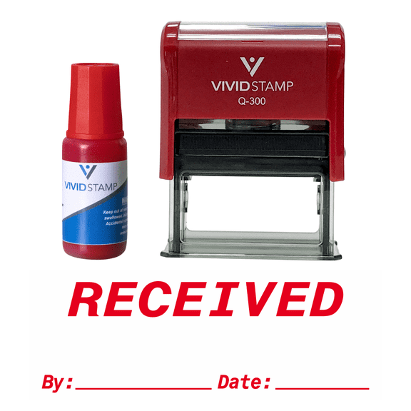 Vivid Stamp Received By Date Self Inking Rubber Stamp Combo With Refill (Red Ink) - Large