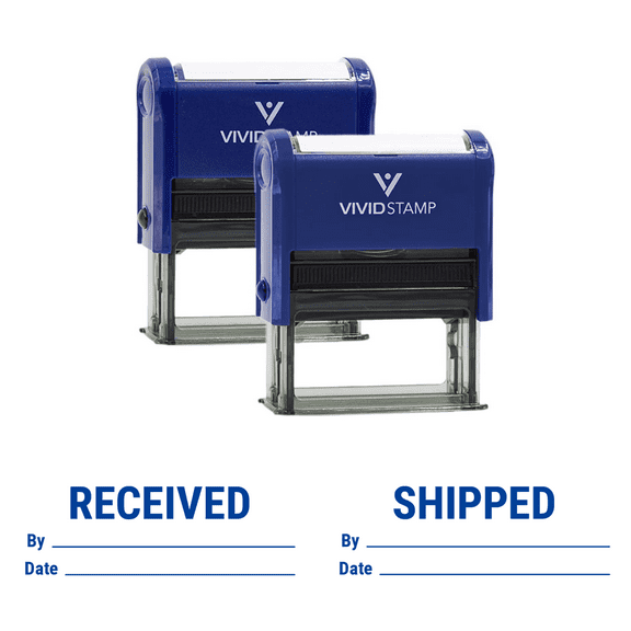 Vivid Stamp Received By Date and Shipped By Date Self-Inking Rubber Stamps (2 Pack) (Blue Ink) - Q-400