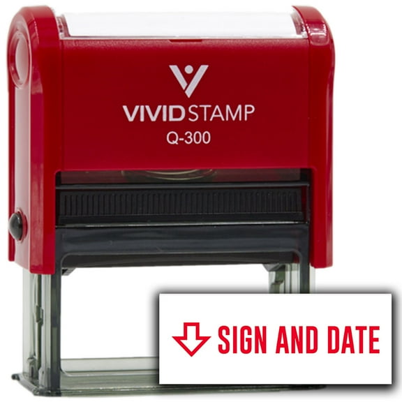 Vivid Stamp Sign and Date (Arrow Pointing Down) Self Inking Rubber Stamp (Red Ink) - Q-300
