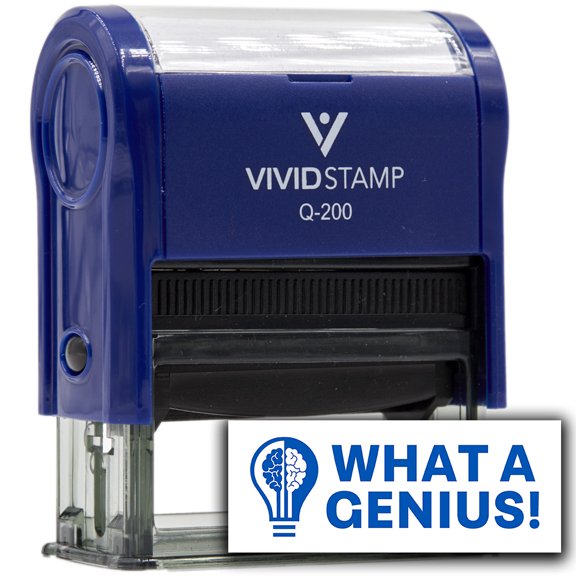 Vivid Stamp What a Genius! Teacher Feedback Self-Inking Rubber Stamps (Blue Ink) - Q-200