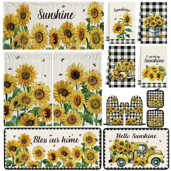 Vivid Sunflower Farmhouse Kitchen Linen Set with Towels, Rugs, Curtains, Valance, Pot Holders and Oven Mitts
