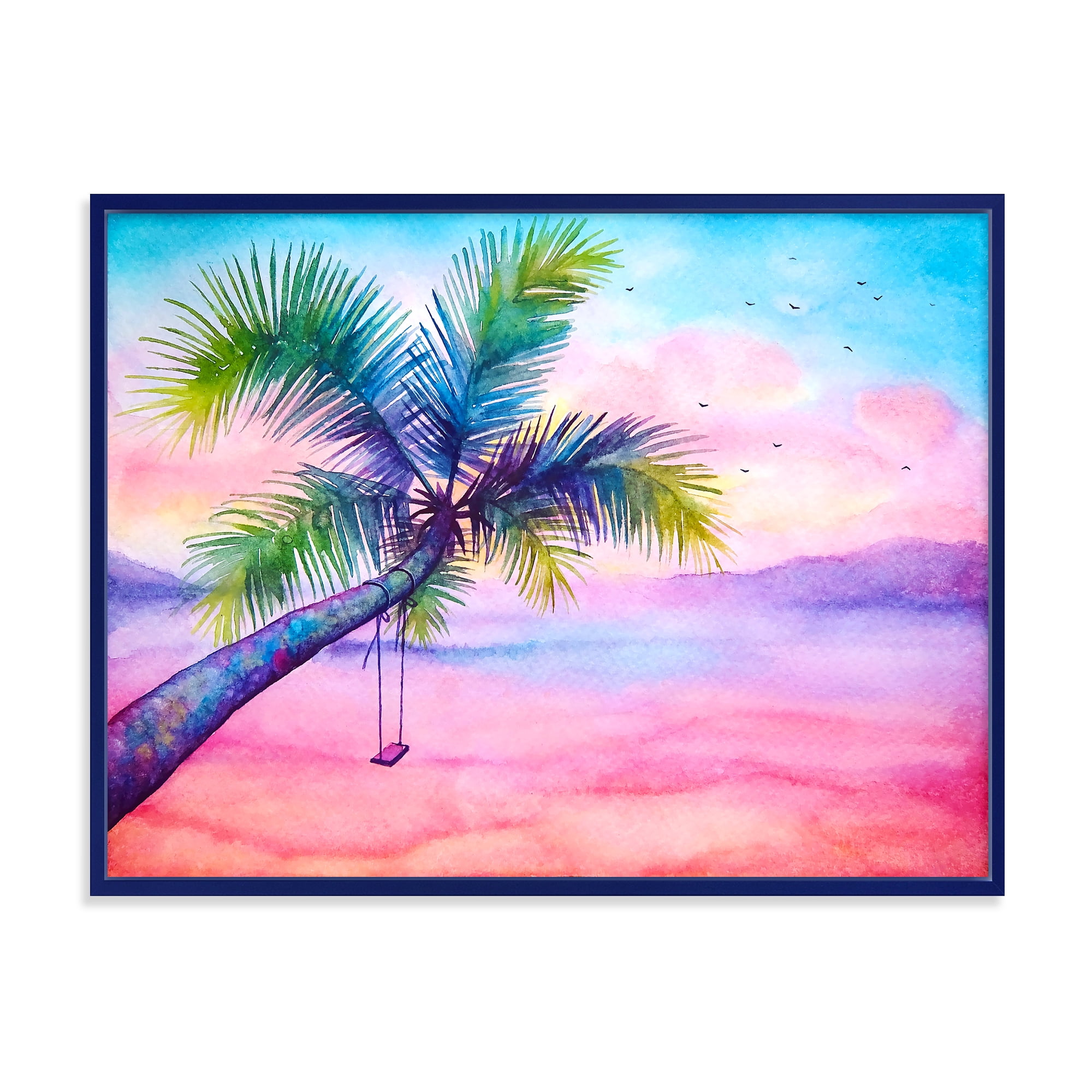 Vivid Sunset Landscape With Swing and Palm 20 in x 12 in Framed Painting Canvas Art Print, by Designart