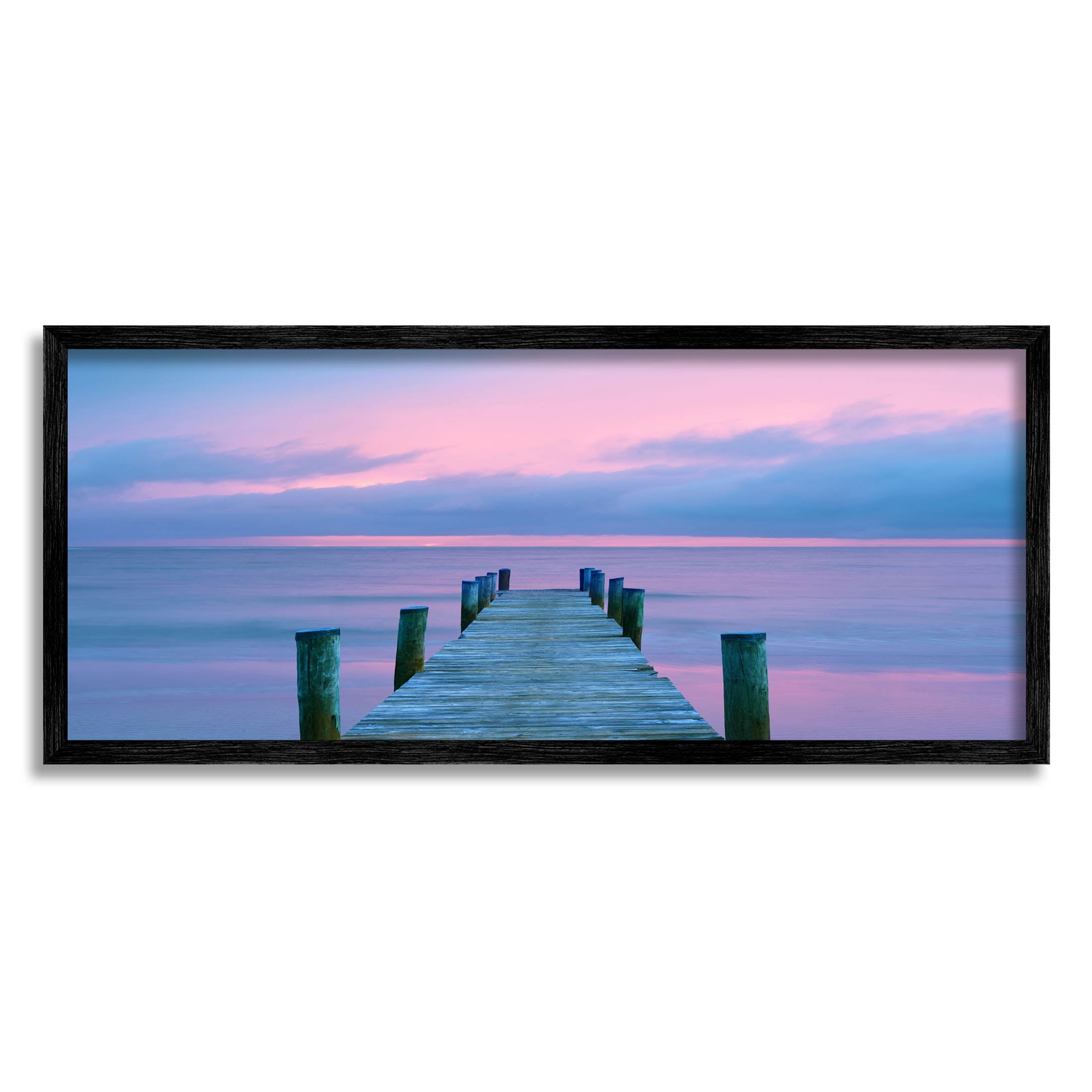 Vivid Sunset Ocean Dock Horizon Coastal Photograph Black Framed Art Print Wall Art