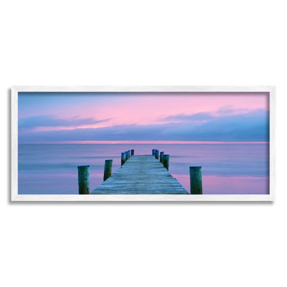 Vivid Sunset Ocean Dock Horizon Coastal Photograph White Framed Art Print Wall Art