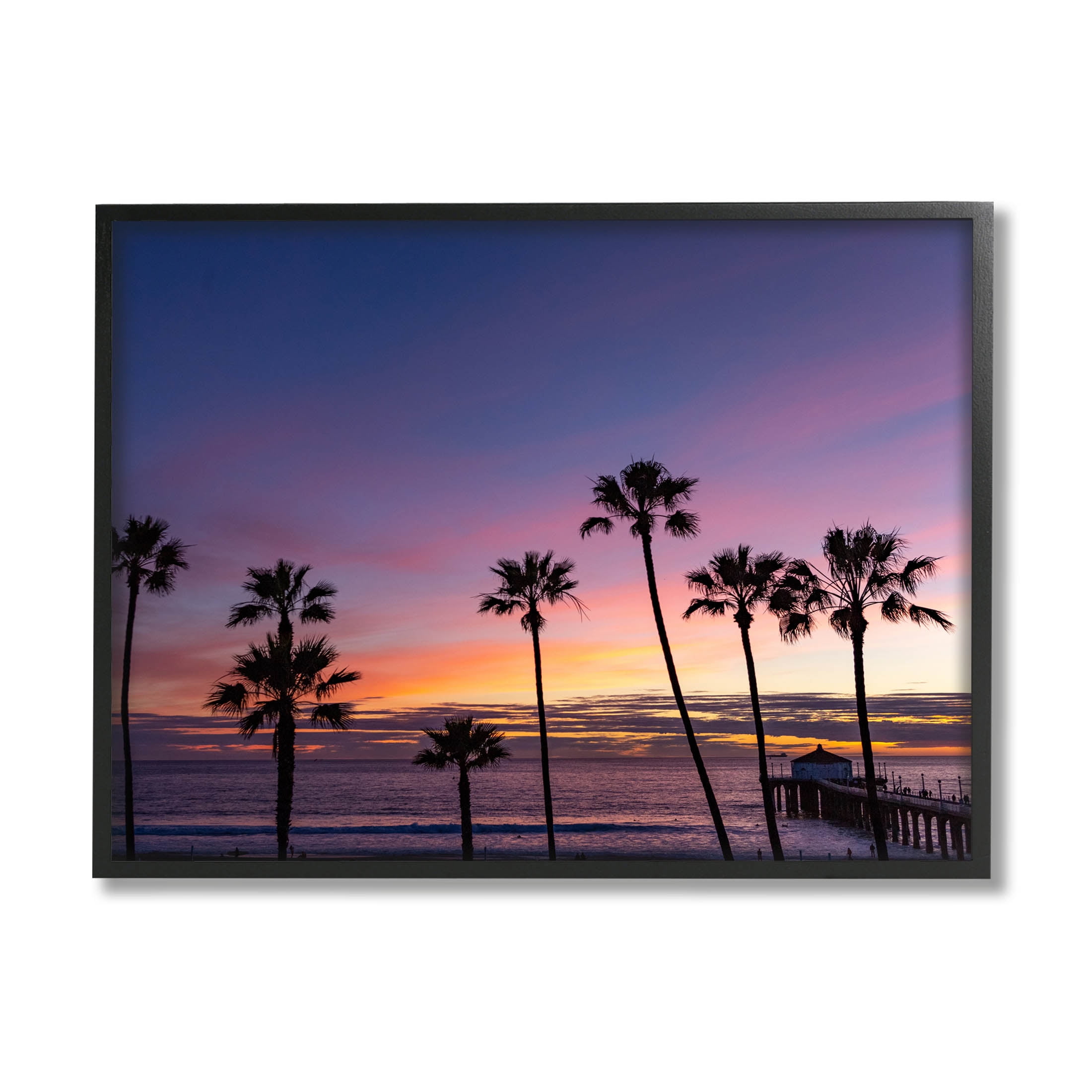 Vivid Sunset Palm Trees Horizon Black Framed Wood Art Print