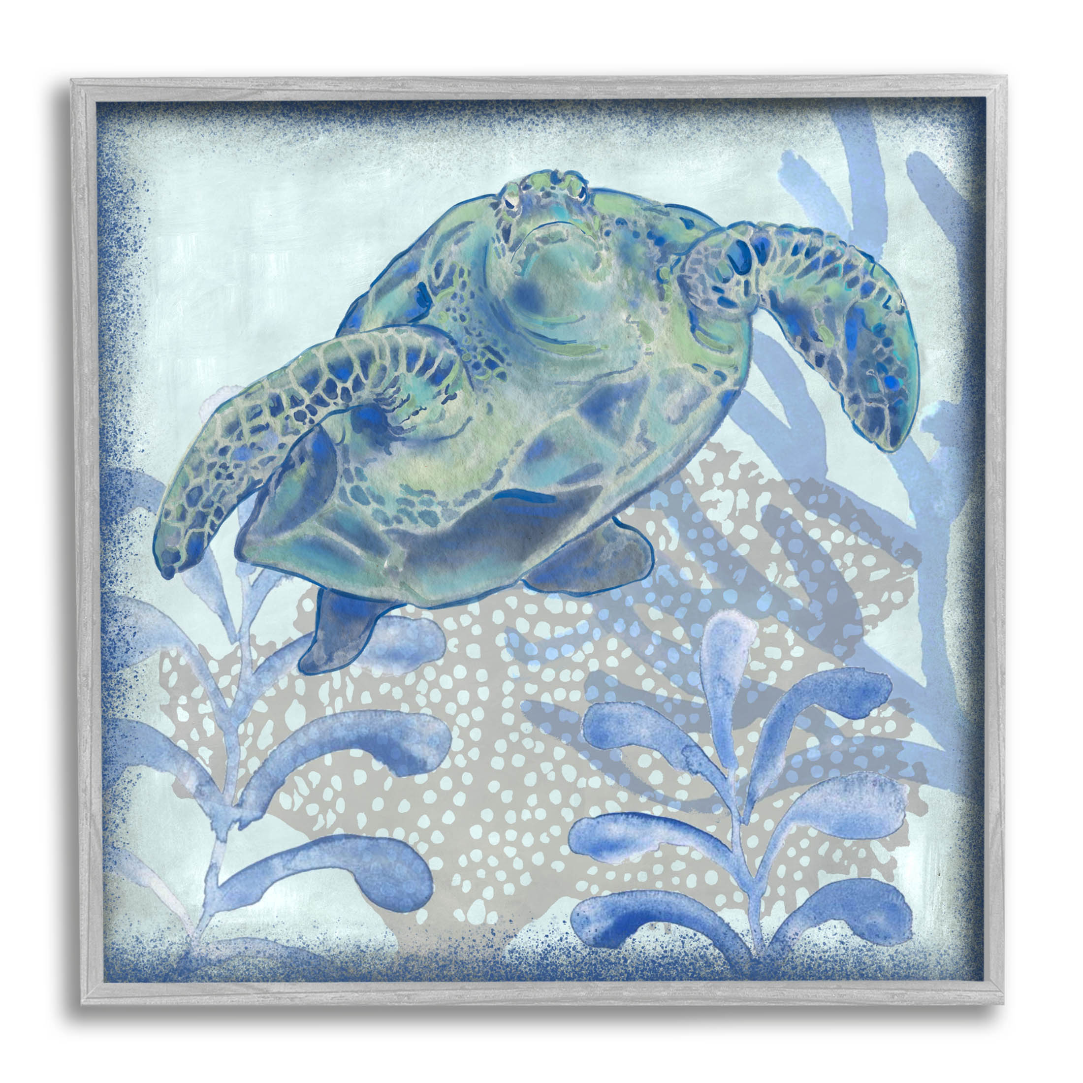 Vivid Tortoise Layered Aquatic Plants Animals & Insects Graphic Art Gray Framed Art Print Wall Art