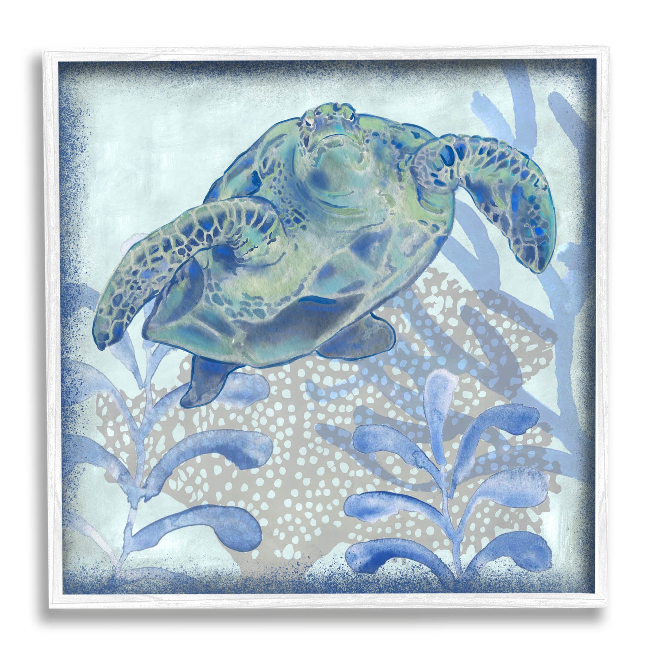 Vivid Tortoise Layered Aquatic Plants Animals & Insects Graphic Art White Framed Art Print Wall Art