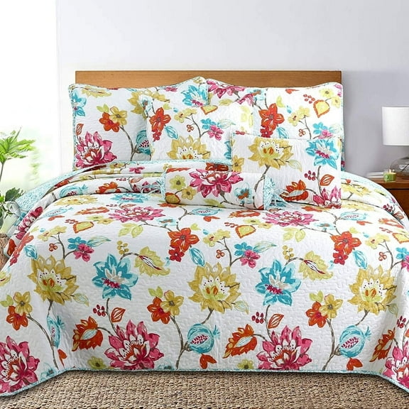 Vivid Tropical Colorful Anemone Floral Garden Printed Quilt Bedding Set, Queen