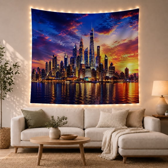 Vivid Urban Waterfront with Hour Likely Sunset Skyscrapers, Mystical Fantasy for Space Lovers, Galaxy Room Decor, Housewarming Gift, Tapestry Wall Hanging for Bedroom and Dorm