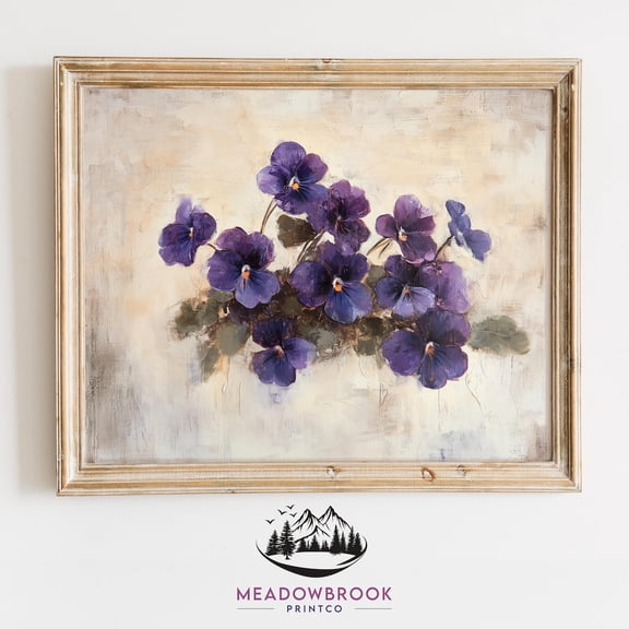 Vivid Wild Violets In Rustic Jar - Spring Floral Printable, Cottagecore Painting, Vintage Easter Wall Art, Pastel Country Decor 1082, Unframed Poster Size 8x12