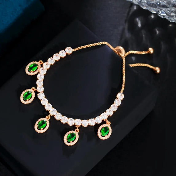 Vivid Yellow Gold Plated CZ Bridal Wedding Oval Drop Charm Round Chain Bracelet