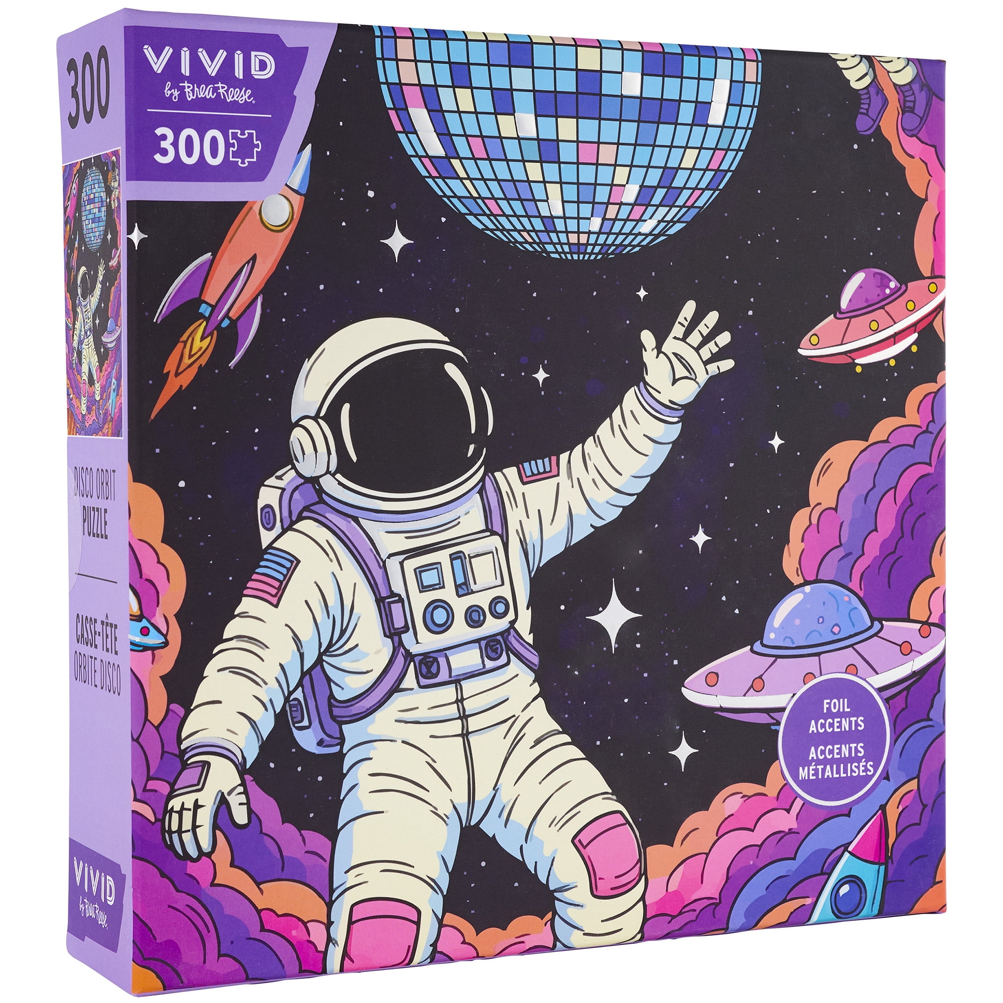 Vivid by Brea Reese: 300 Piece Puzzle - Disco Orbit - Astronaut Space Dance Scene Jigsaw, Soft-Touch Pieces, Metallic Foil, Image Reference Poster
