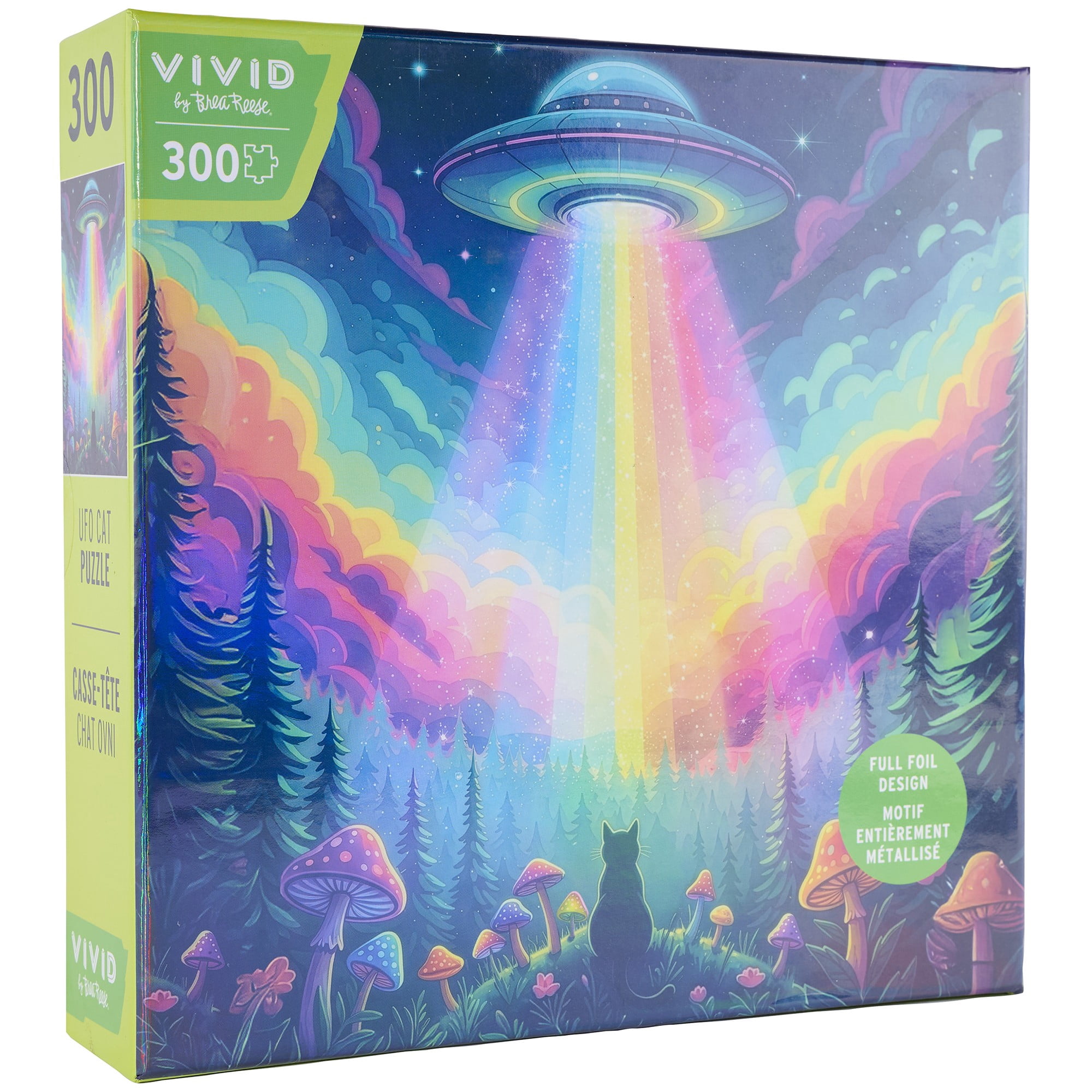Vivid by Brea Reese: 300 Piece Puzzle - UFO Cat - Beam Me Up Spaceship Landscape Scene Jigsaw, Holographic Foil, Soft-Touch, Image Reference Poster
