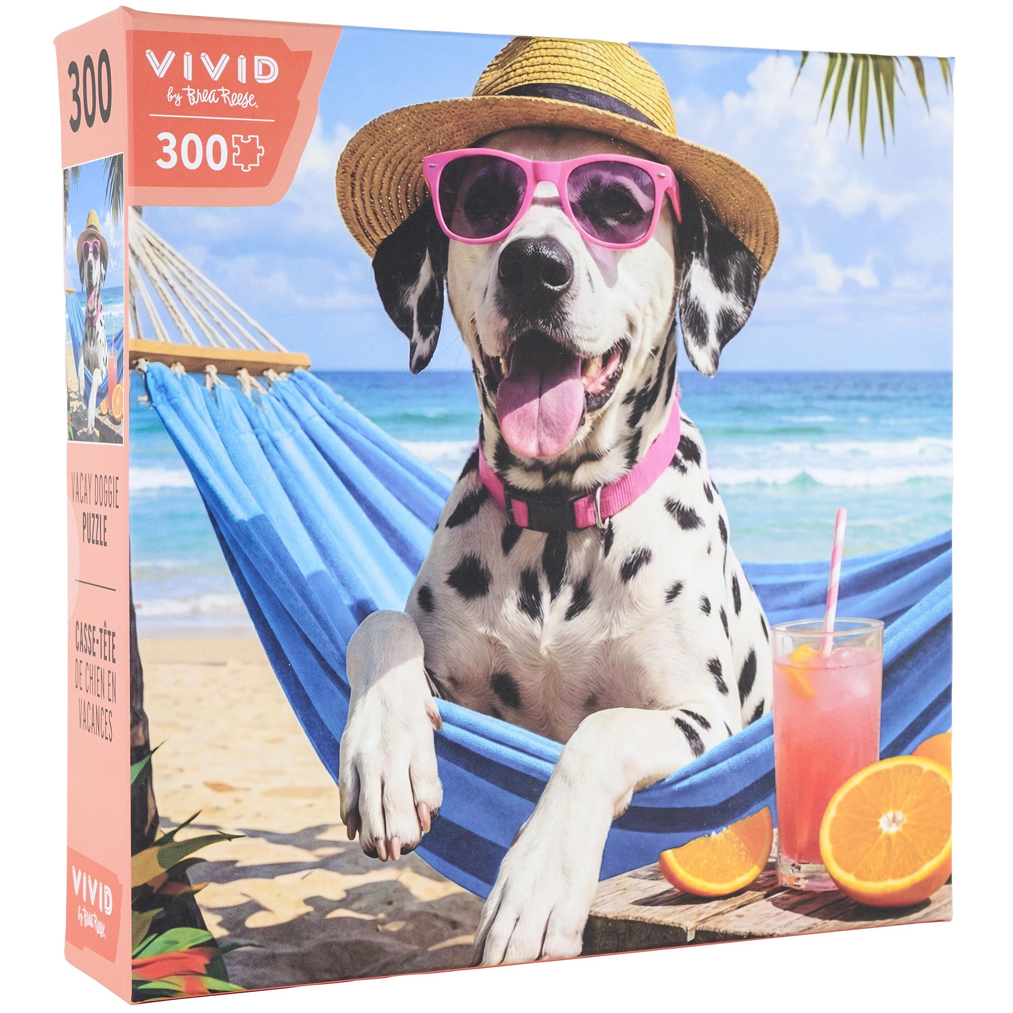 Vivid by Brea Reese: 300 Piece Puzzle - Vacay Doggie - Dalmatian Dog Relaxing Beach Scene Jigsaw, Soft-Touch Snap-Fit Pieces, Image Reference Poster