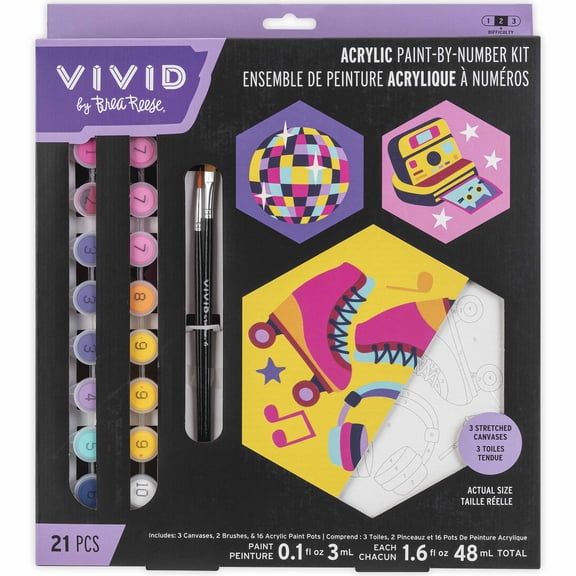 Vivid by Brea Reese: Acrylic Mini Paint-By-Number Kit Retro 70's - 3 Hexagon 6x6" Canvases, 16 Color Paint Pods, 2 Brushes, Groovy DIY Art Craft