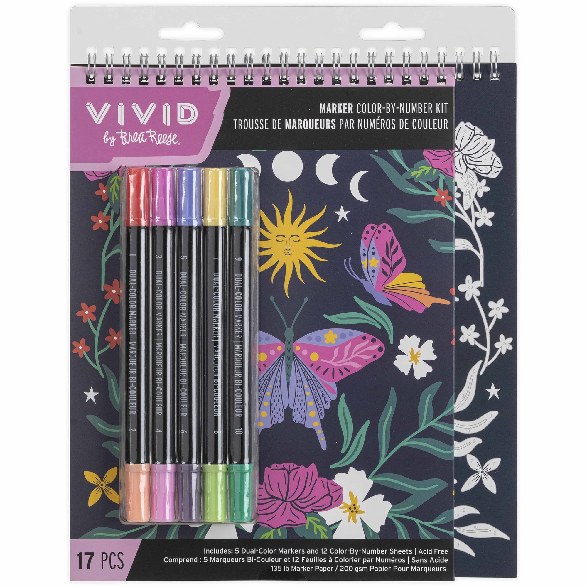 Vivid by Brea Reese: Marker Color-By-Number Kit - Whimsical Botanicals - 5 Dual-Sided Markers, 12 Coloring Pages, Nature-Animal Theme, Spiral Art Pad