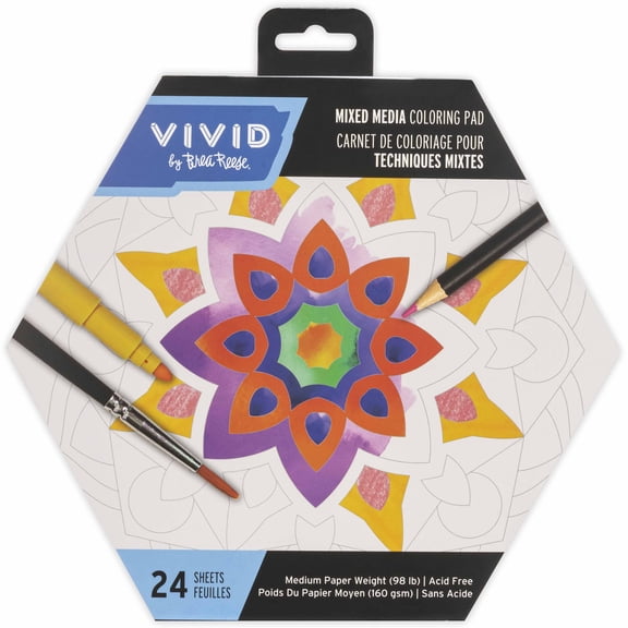 Vivid by Brea Reese: Mixed Media Coloring Pad - Mandala - 24 Shaped Sheets in 8 Pattern Designs, Art Paper Pages For Paints-Markers-Colored Pencils