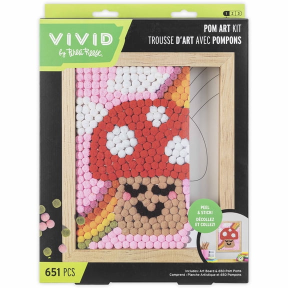 Vivid by Brea Reese: Pom Art Kit Fuzzy Mushroom - DIY Peel & Stick Craft Set, Character & Rainbow Picture, Various Pom-Pom Colors, Display Frame