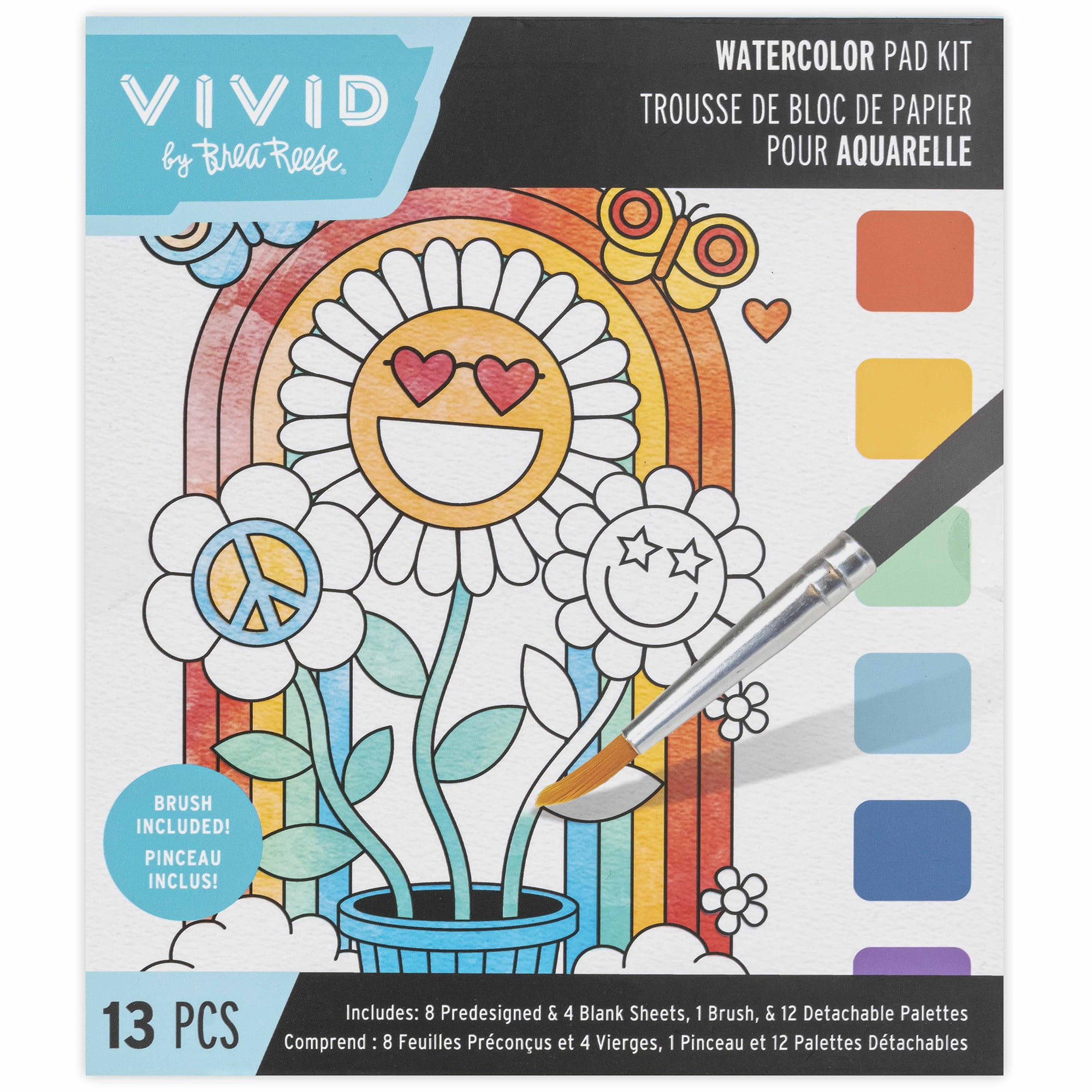 Vivid by Brea Reese: Watercolor Pad Kit - Rainbow - 8 Retro Groovy Themed Designs & 4 Blank Sheets, 12 Detachable Paint Palettes, Brush, Art Activity