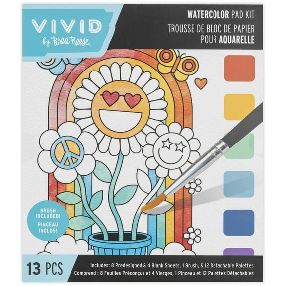 Vivid by Brea Reese: Watercolor Pad Kit - Rainbow - 8 Retro Groovy Themed Designs & 4 Blank Sheets, 12 Detachable Paint Palettes, Brush, Art Activity